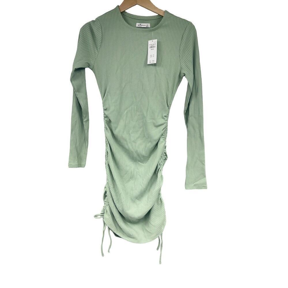 Hollister Ribbed Knit Ruched‎ Bodycon Dress Green Womens Juniors Large NWT